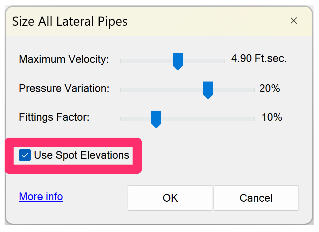 Size All Lateral Pipes dialog box with the Use Spot Elevations option selected