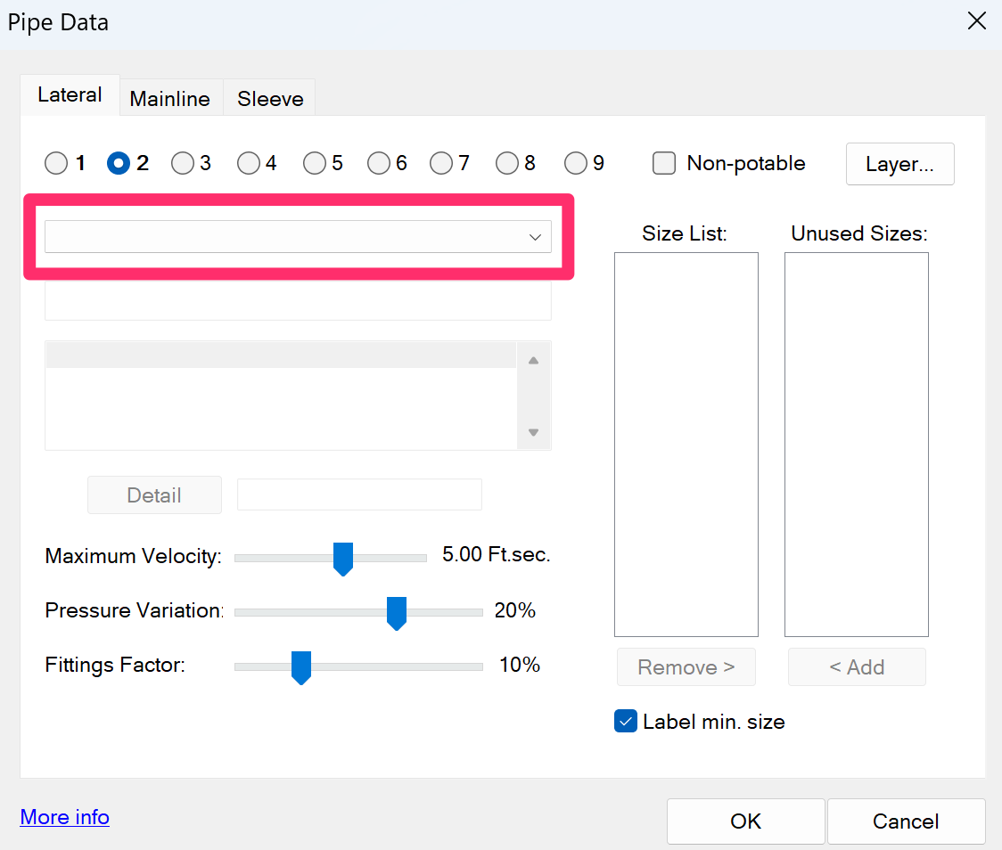 Pipe Data dialog box with no option selected for a pipe class