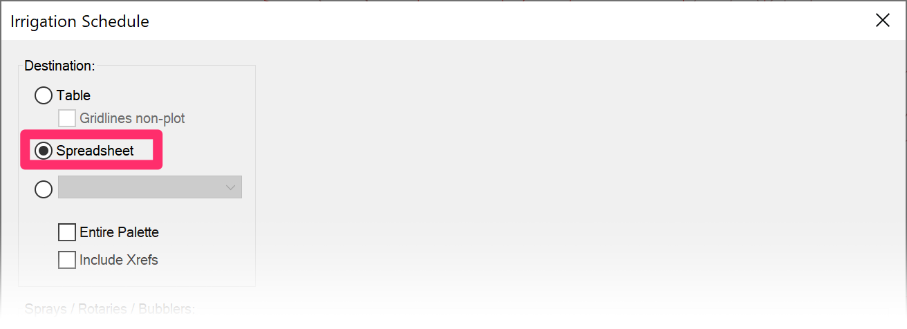 Irrigation Schedule dialog box, Spredsheet destination option
