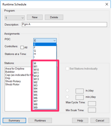 Runtime Schedule dialog box, POC menu