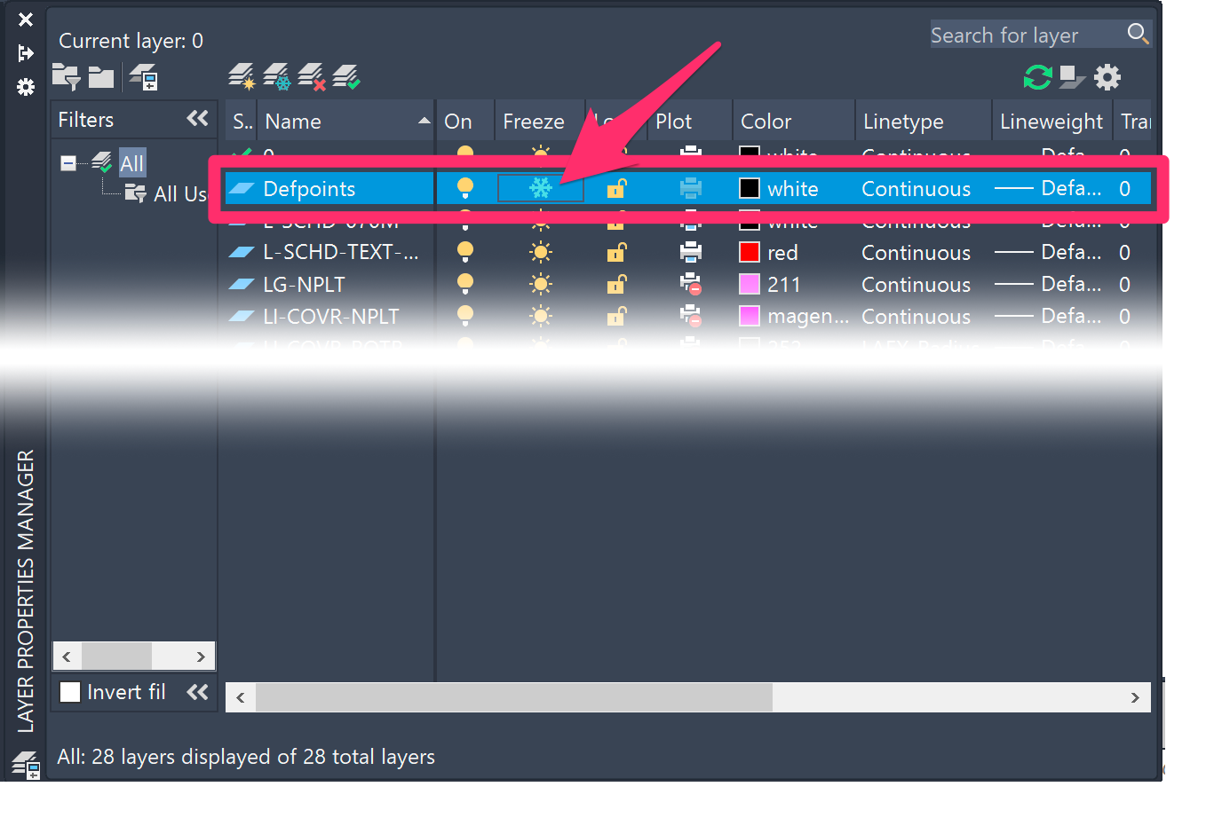 Layer Properties Manager showing Defpoints layer frozen