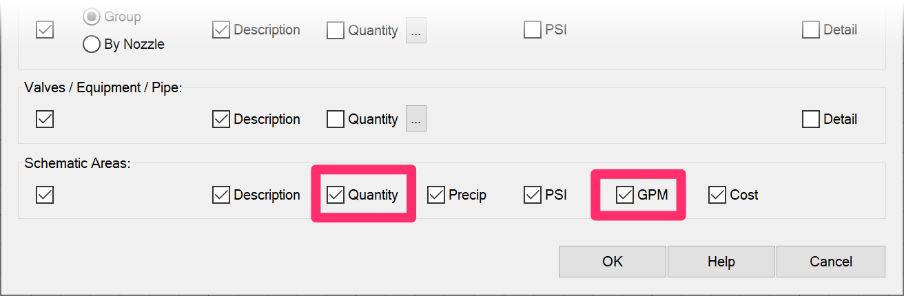 Irrigation Schedule dialog box, Quantity and flow total options