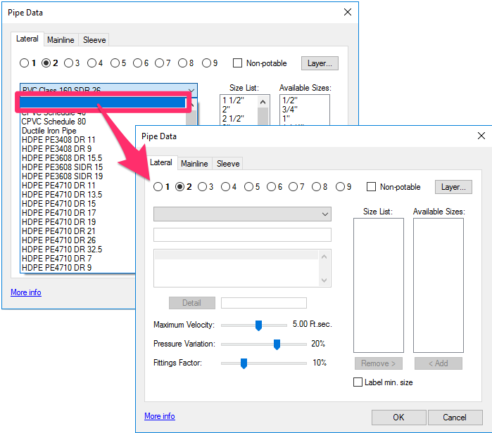 Selecting blank option at the top of the category list in the Pipe Data dialog box