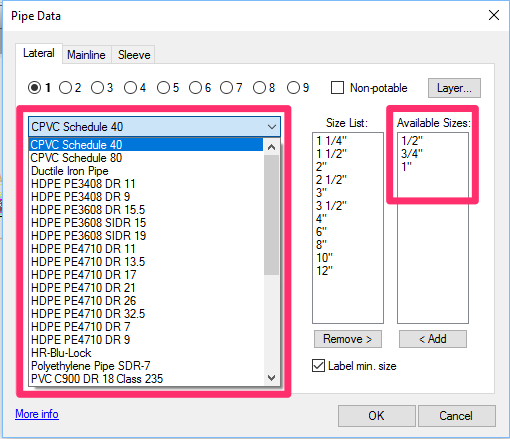 Setting the available pipe sizes for each pipe class in the Pipe Data dialog box, Lateral tab