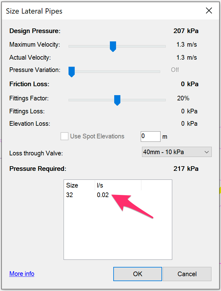 Flow rate shown in Size Lateral Pipes dialog box differing from rate shown in Command line