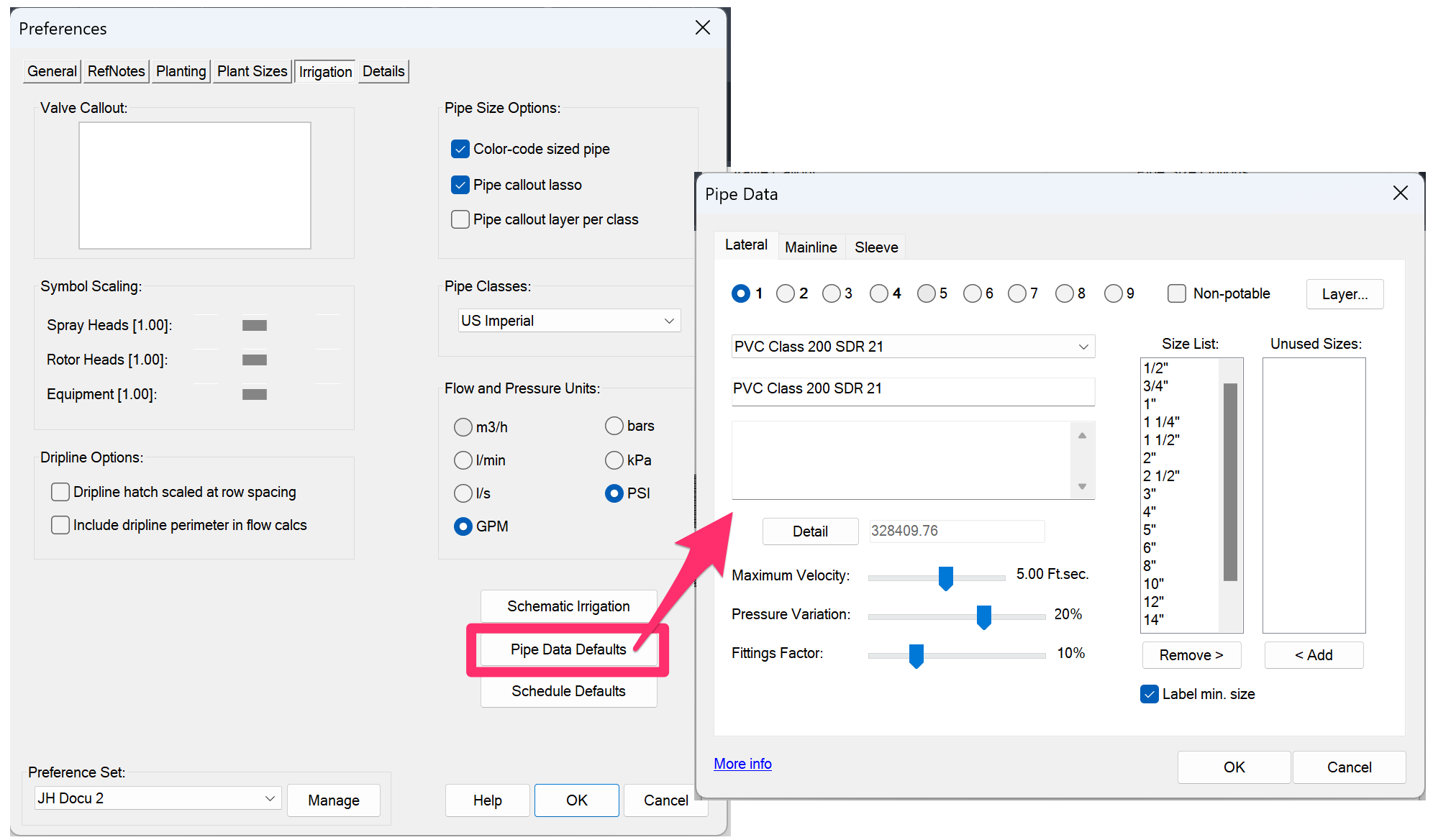 checking the Pipe Data Defaults from the Irrigation Preferences