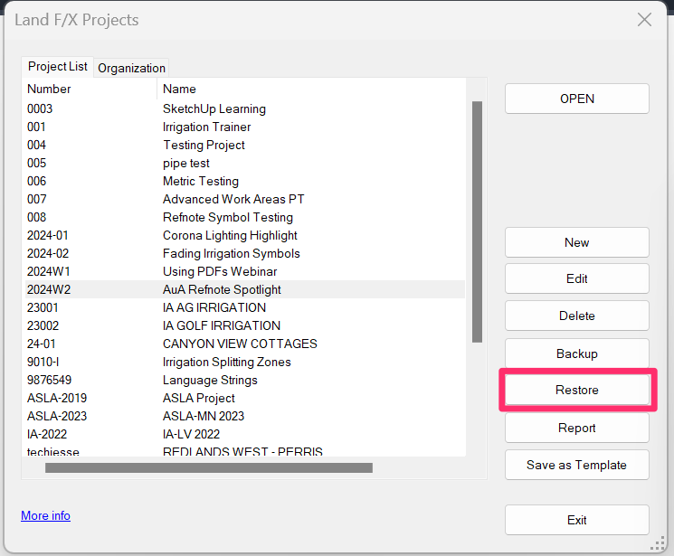 Project List dialog box, Restore button