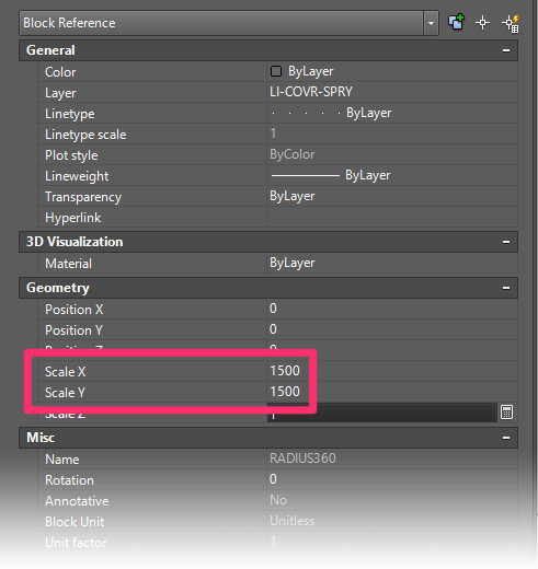 Properties panel, Scale X and Scale Y entries showing 1500