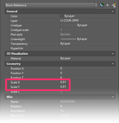 Properties panel, Scale X and Scale Y entries showing 0.91