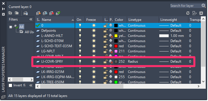 Layer Properties Manager showing illuminated lightbulb icon next to layer whose name begins with LI-COVR