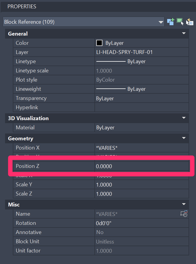 Properties panel showing 0 at Position Z