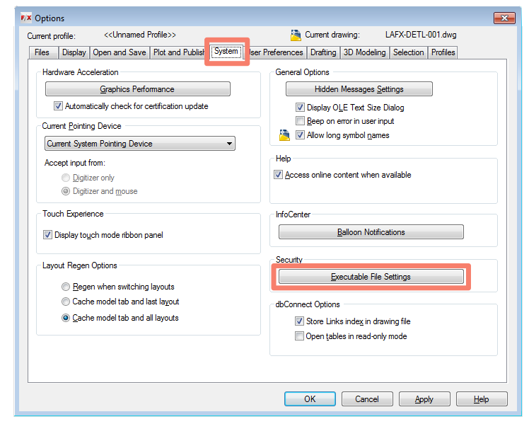 Executable File Settings dialog box