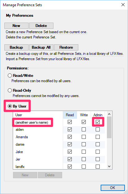 Preference Set marked as By User, list of user names