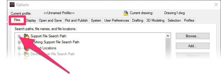 Options dialog box, Files tab, expanding the Support File Search Path