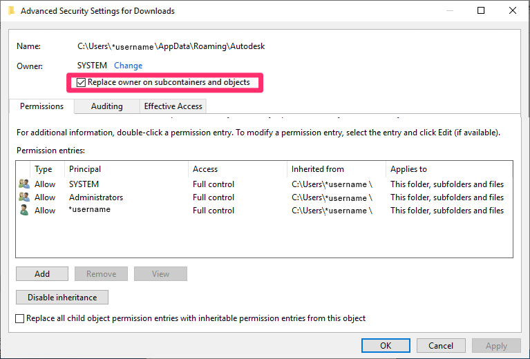 Replace owner on subcontainers and objects