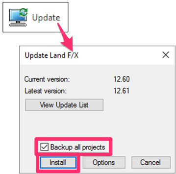 Update Land F/X dialog box, BAckup all projects option selected, Install button