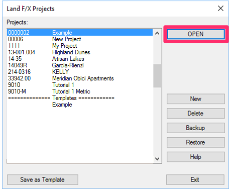 Land F/X Projects dialog box