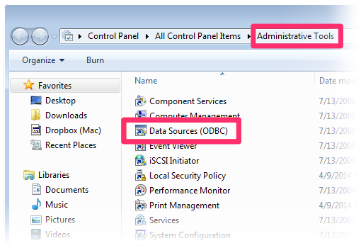 Data Sources (ODBC) entry