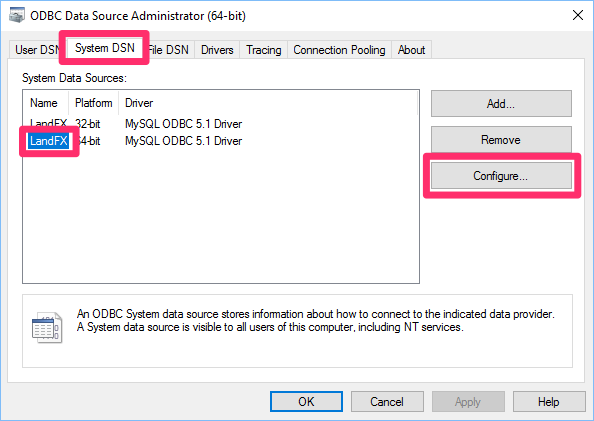 ODBC Data Source Administrator dialog box