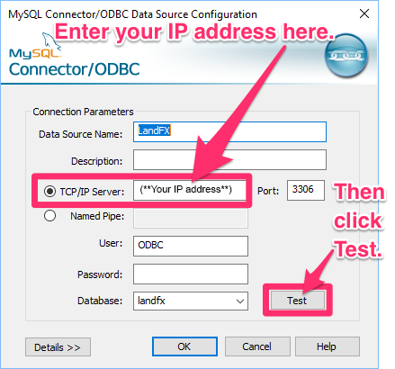 MySQL Connector / ODBC Sata Source Configuration dialog box