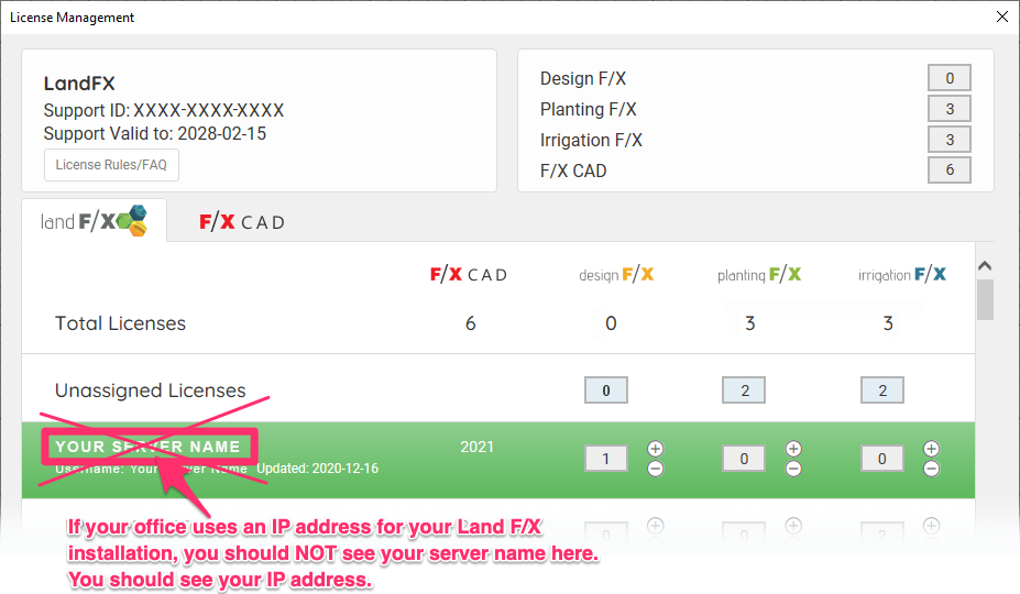 Land F/X License Manager, Current Installation showing IP address