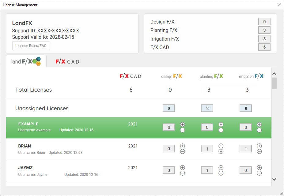 Land F/X License Manager, example of user with multiple licenses checked out