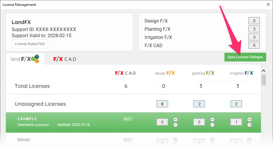 Land F/X License Manager, Save License Changes button
