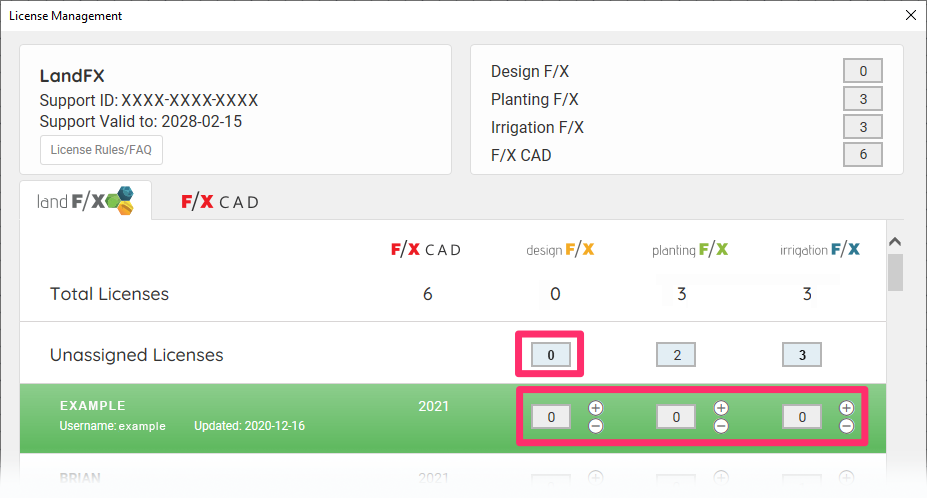 Land F/X License Manager showing no unassigned licenses