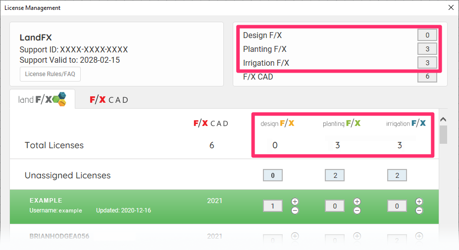 Land F/X License Manager showing the number of Design F/X, Planting F/X, and Irrigation F/X licenses currently installed