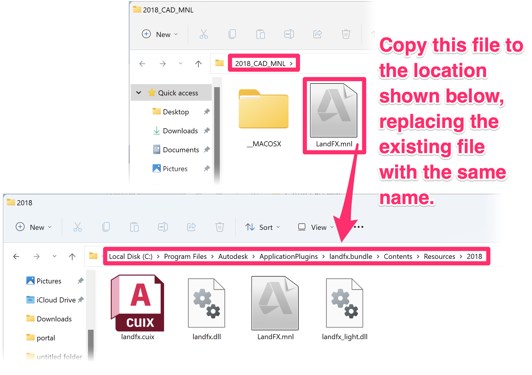 Copying the file landfx.mnl to the location C:\Program Files\Autodesk\ApplicationPlugins\landfx.bundle\contents\resources\2018