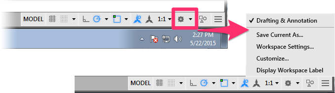 AutoCAD gear icon menu, Drafting and annotation option