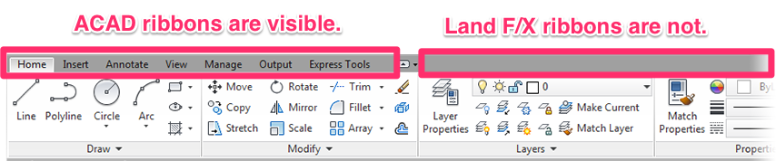 ACAD ribbons visible, Land FX ribbons are missing