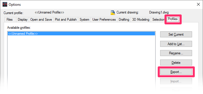 Options dialog box, Profiles tab, exporting a customized profile