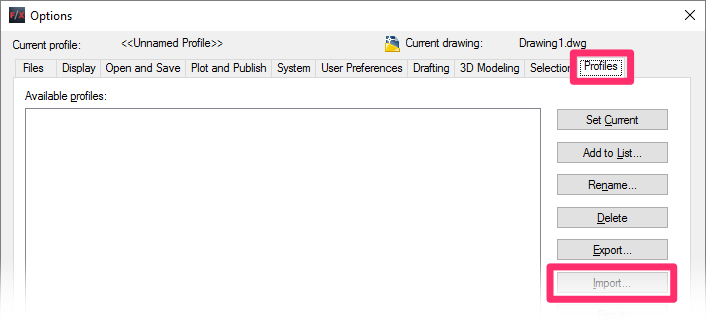 Options dialog box, Profiles tab, Import button