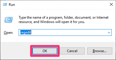 Typing REGEDIT in the Run dialog box