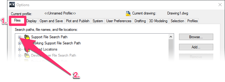 Options dialog box, Files tab, expanding the Support File Search Path