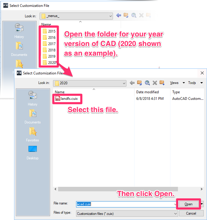 Opening subfolder within Land F/X menus folder matching your CAD version