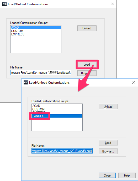 Loaded Customization Groups includes LANDFX menus