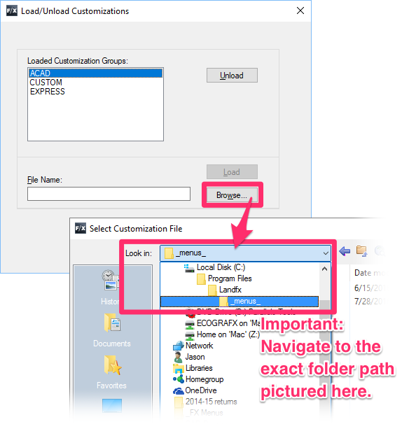 Load/Unload Customizations dialog box, browsing to Land F/X menus folder