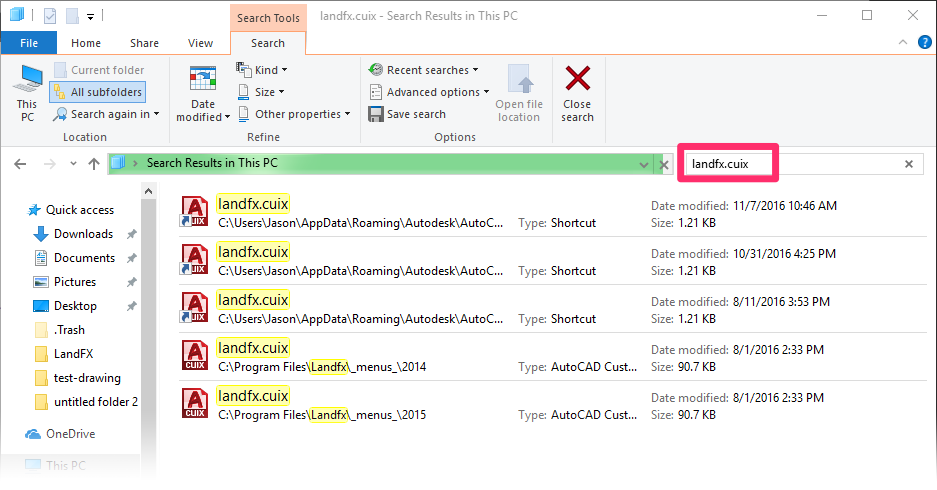 Searching for landfx.cuix in Windows Explorer