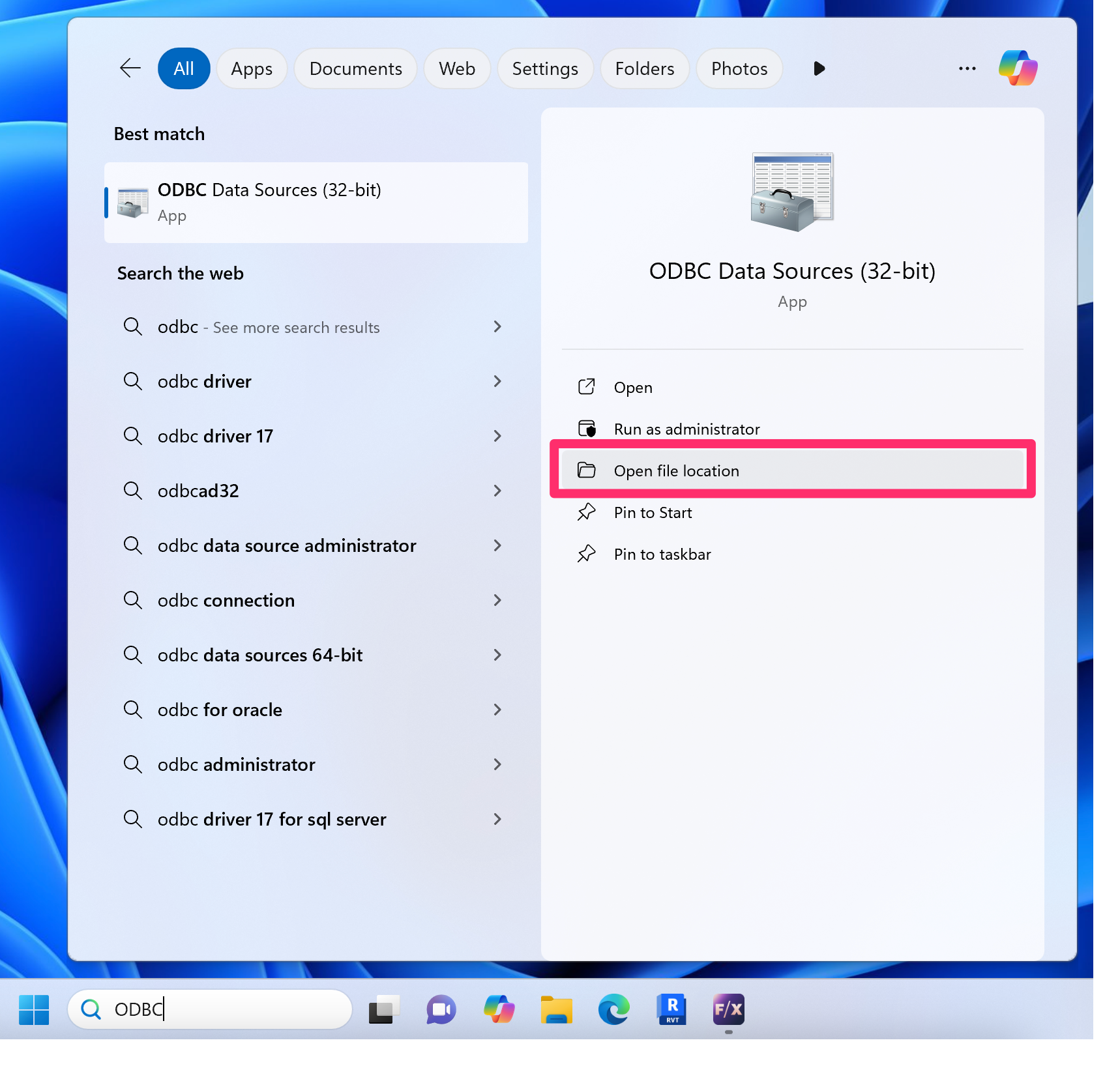 Open file location option under ODBC Data Sources in the Windows Start menu