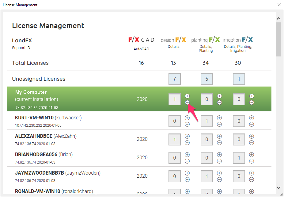 Checking in a Land F/X license in the License Manager by clicking the minus button