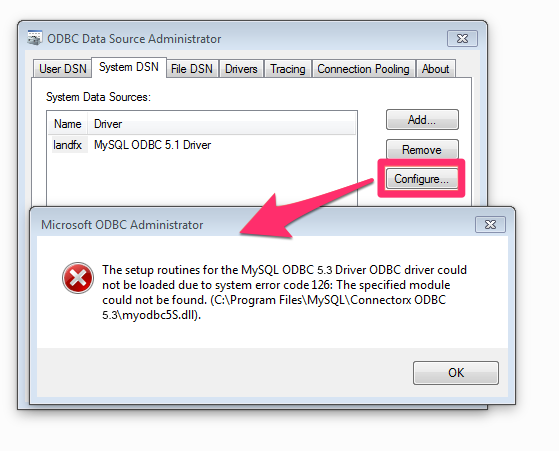 The setup routines for the MySQL ODBC Driver 5.1 ODBC could not be loaded due to system error code 126: The specified module could not be found error message