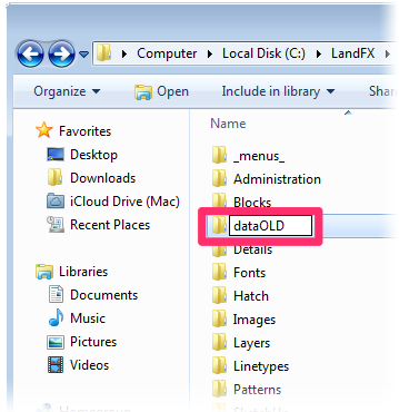 C:/LandFX folder containing dataOLD subfolder