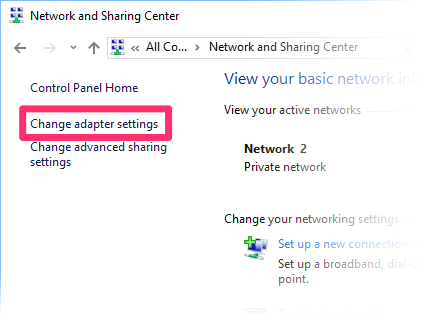 Network and Sharing Center dialog box, Change adapter settings option