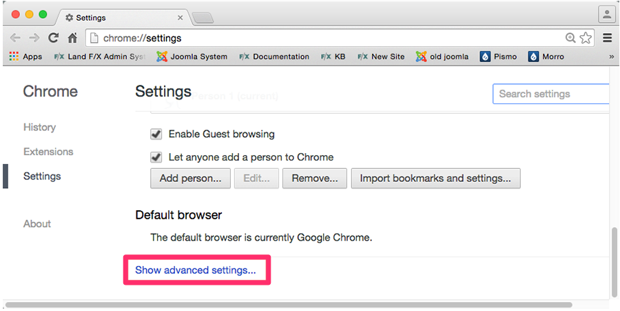 Chrome Settings screen, Show advanced settings option