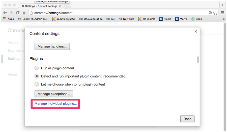 Chrome Settings screen, Plugins section