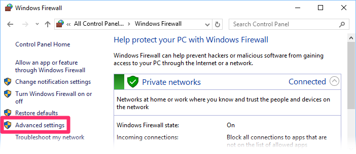 WIndows Firewall dialog box, Advanced Settings option