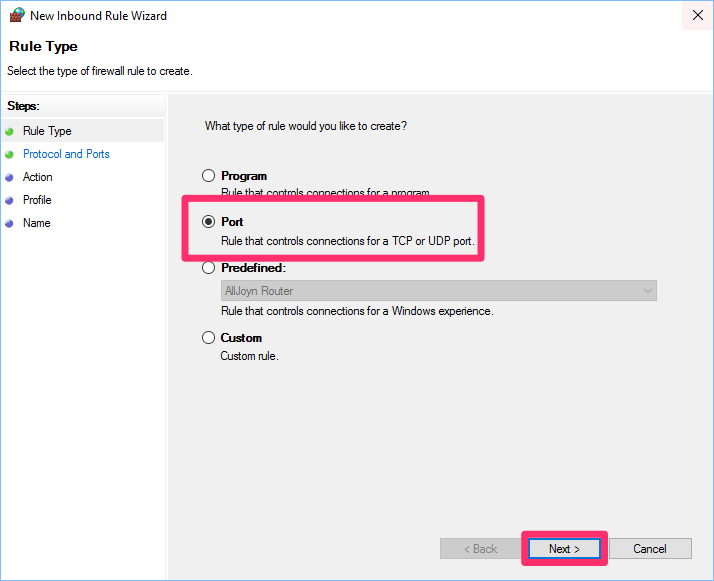 New Inbound Rule Wizard, Rule Type screen, Port option