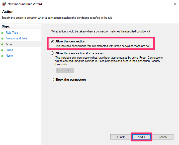 New Inbound Rule Wizard, Action screen, Allow the connection option selected